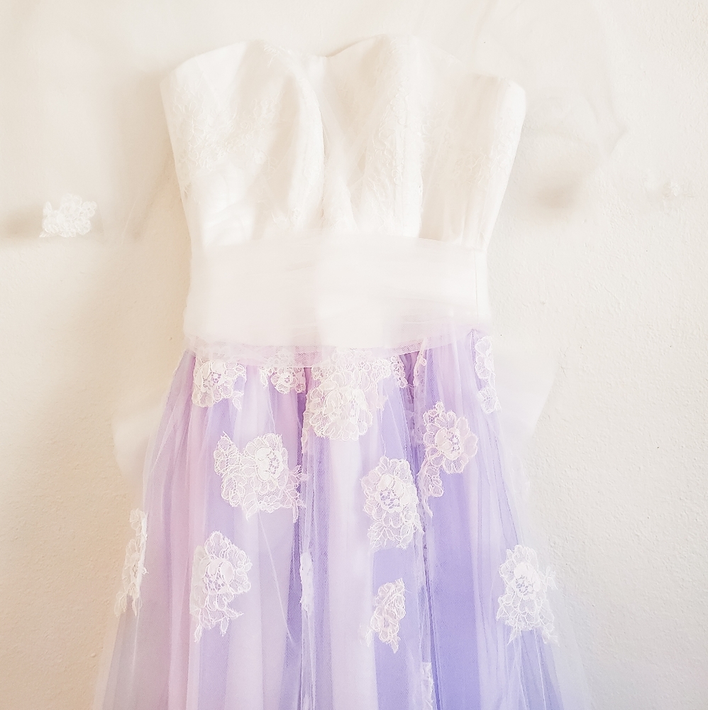 Lace & Tulle Lilac Wedding Dress with Bow/ Sleeves